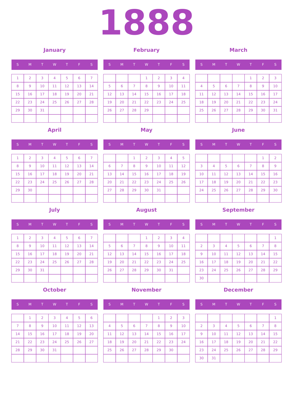 Printable 1888 Year Calendars purple