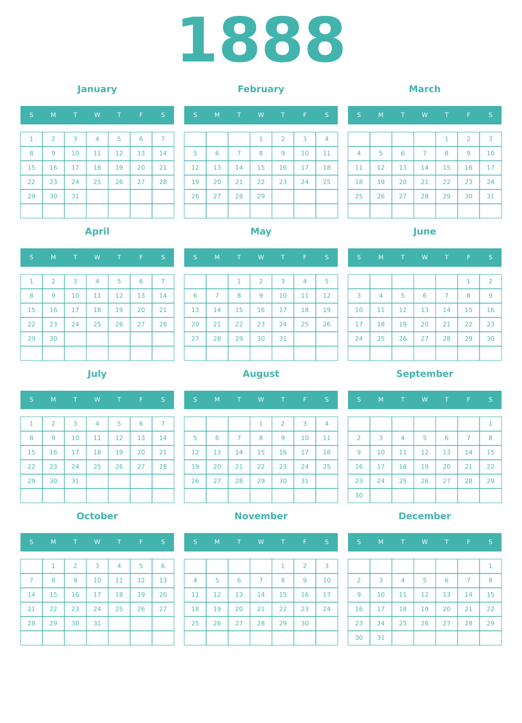 Printable 1888 Year Calendars verdigris