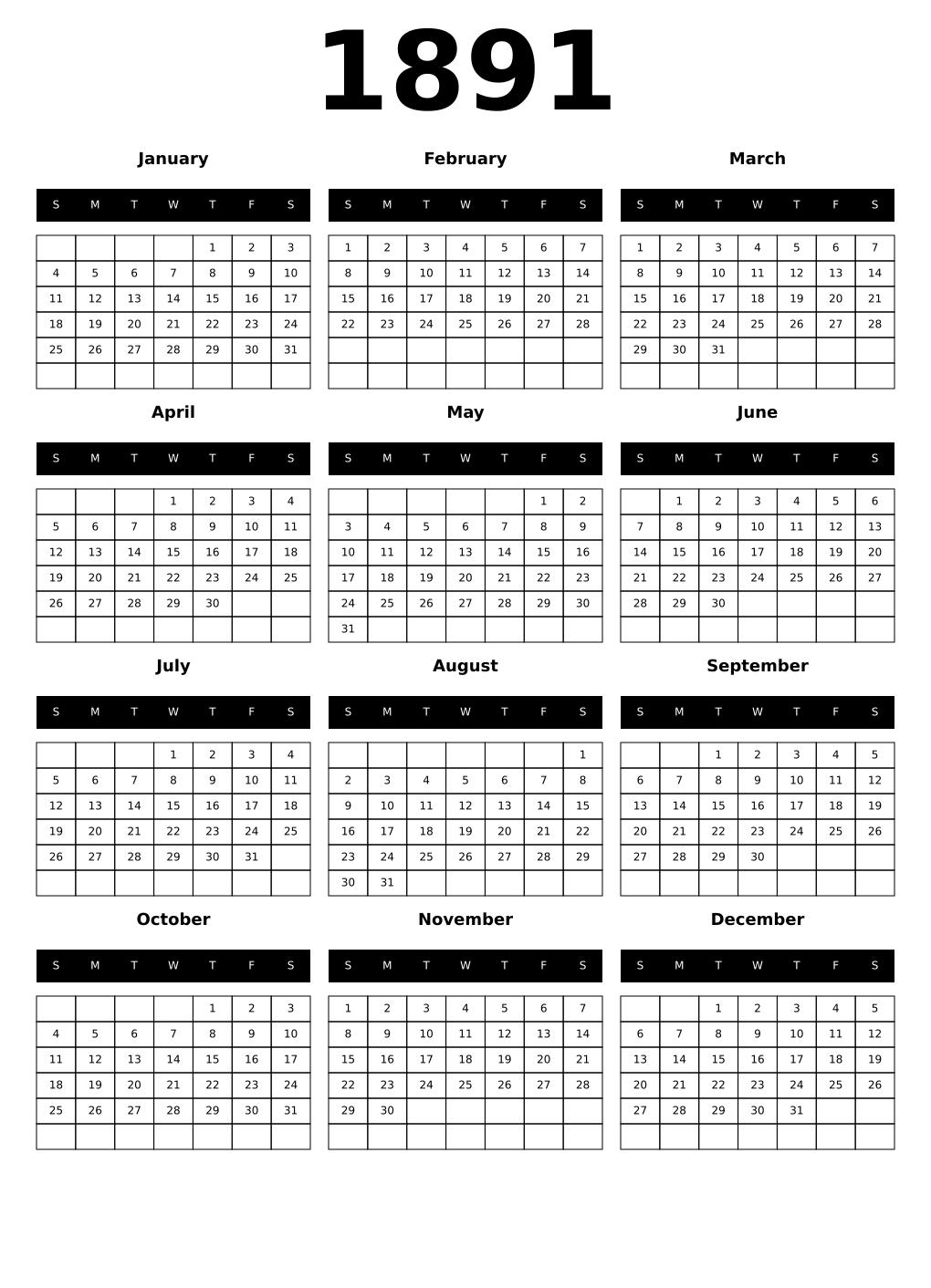 Printable 1891 Calendars