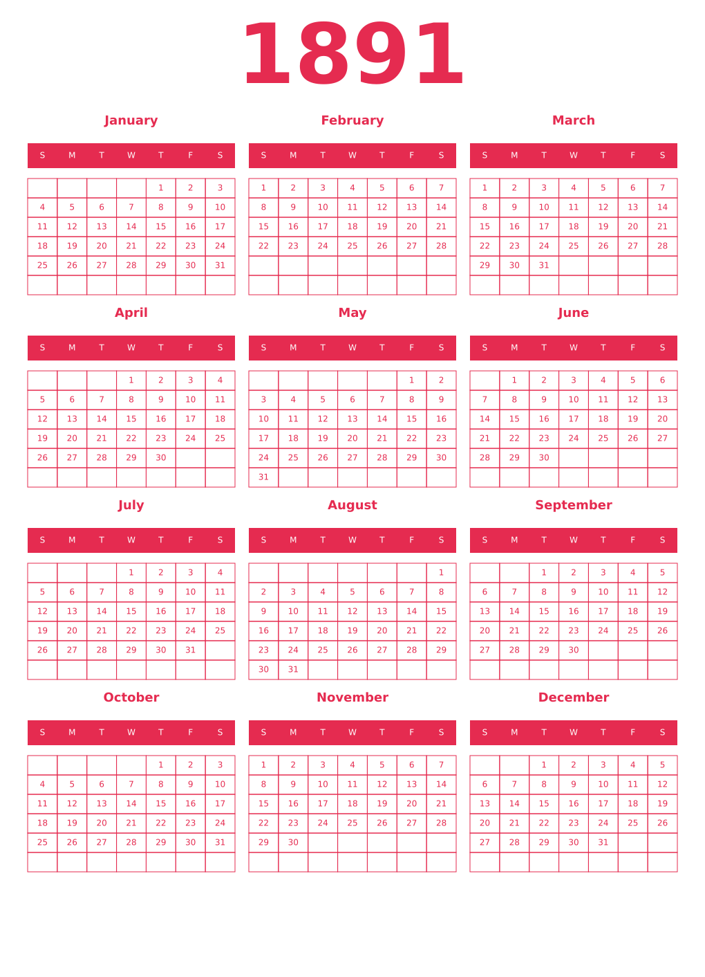 Printable 1891 Year Calendars amaranth
