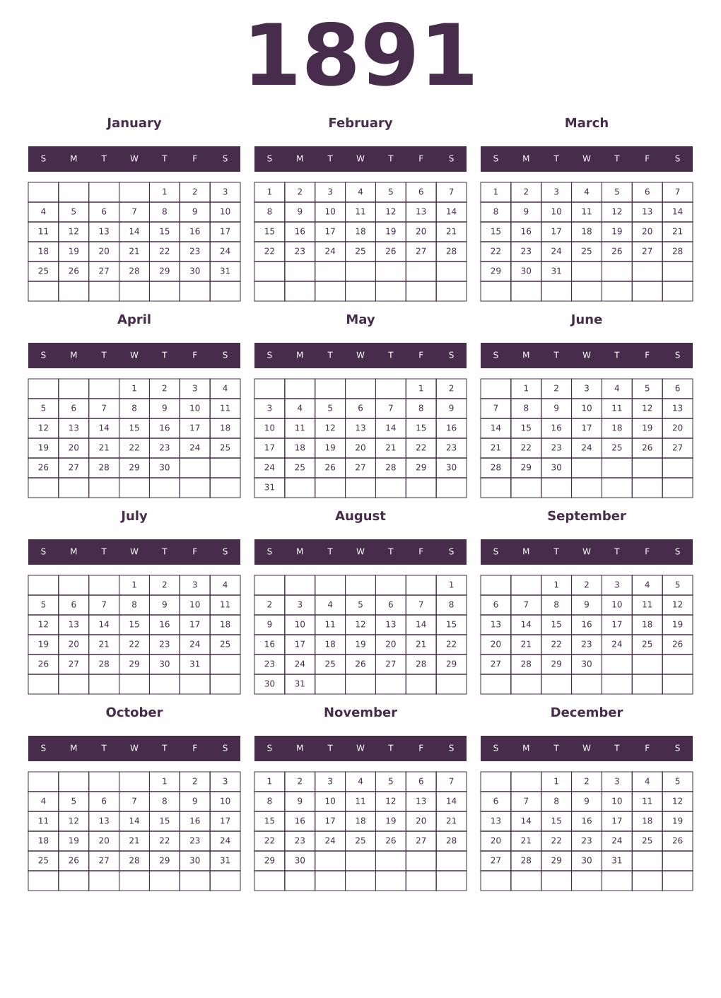 Printable 1891 Year Calendars aubergine