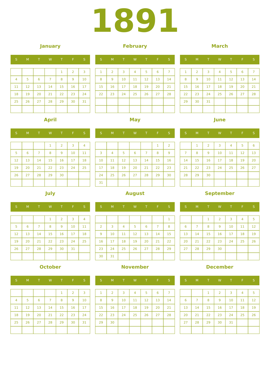 Printable 1891 Year Calendars chartreuse