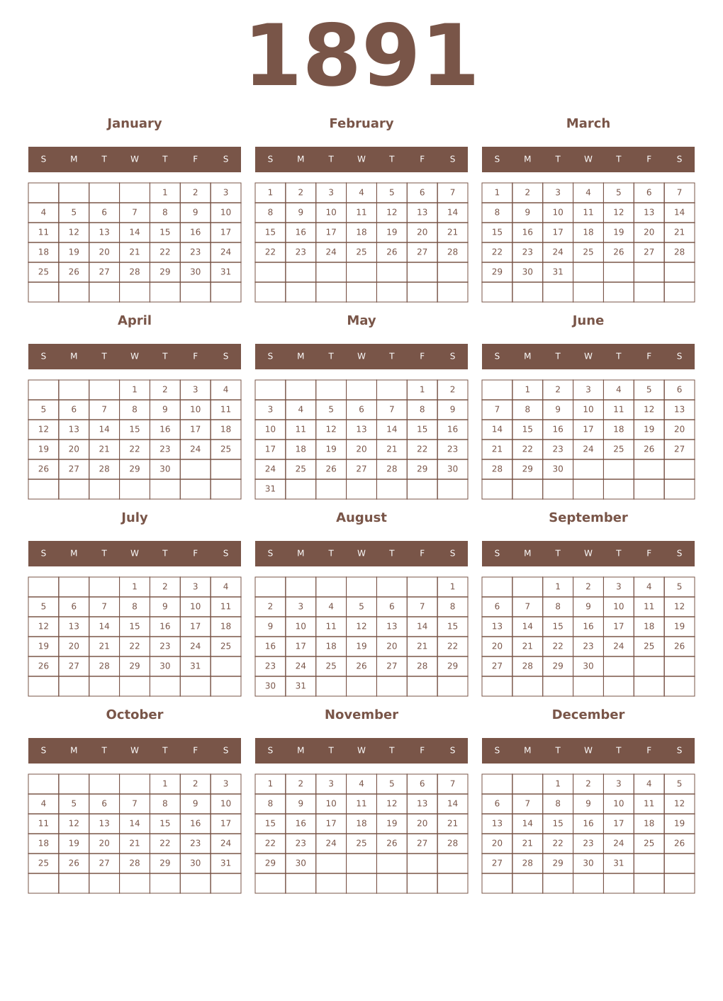 Printable 1891 Year Calendars coffe