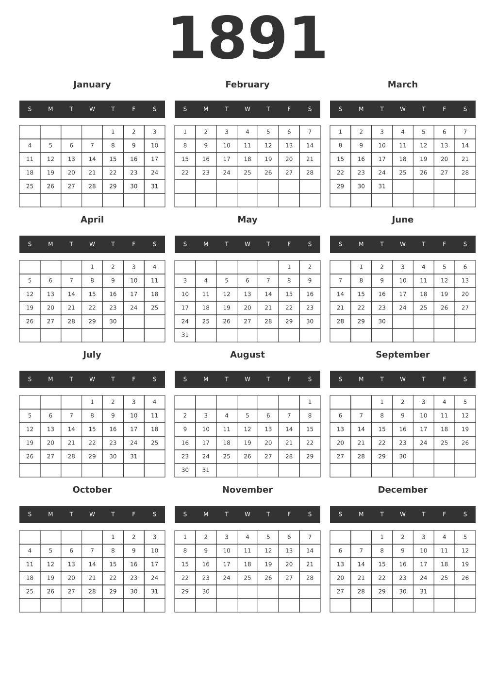Printable 1891 Year Calendars dark