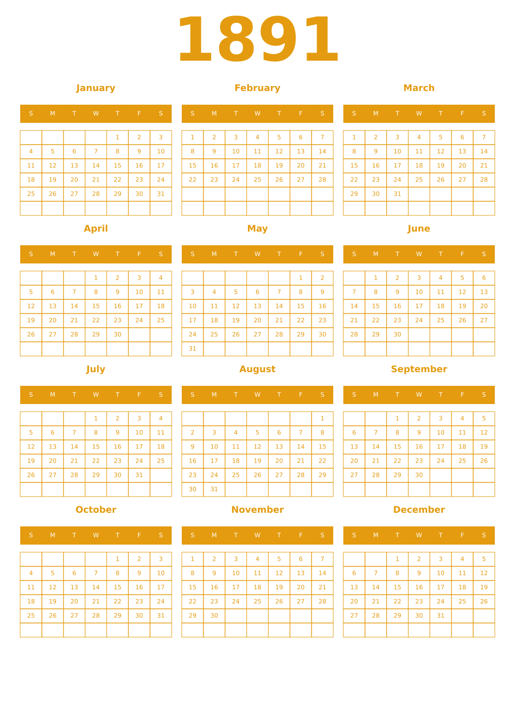 Printable 1891 Year Calendars gamboge