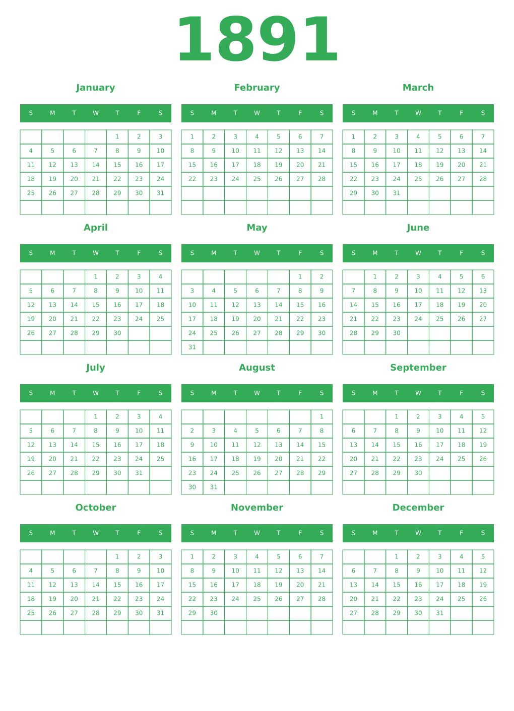 Printable 1891 Year Calendars green