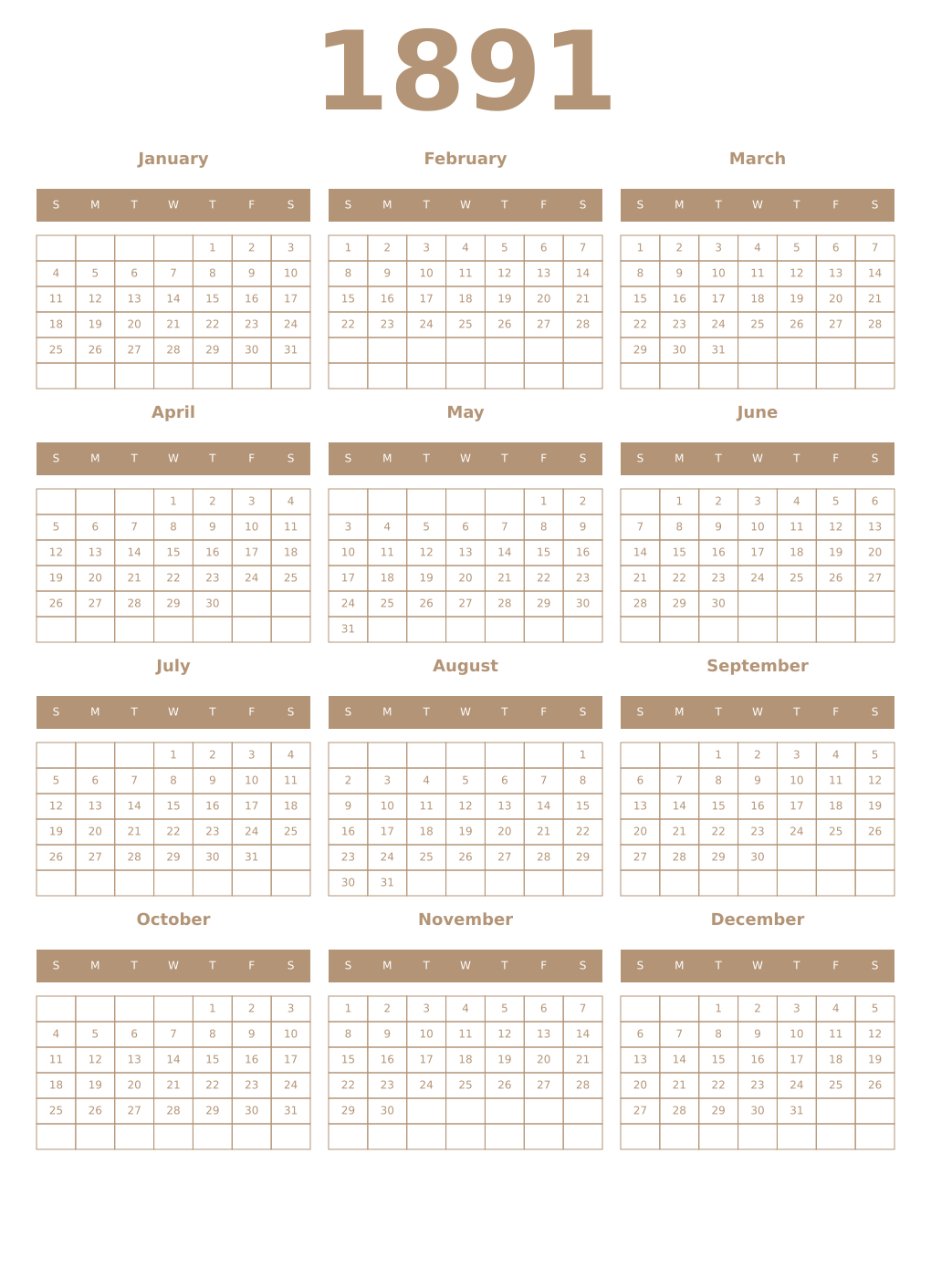 Printable 1891 Year Calendars isabelline