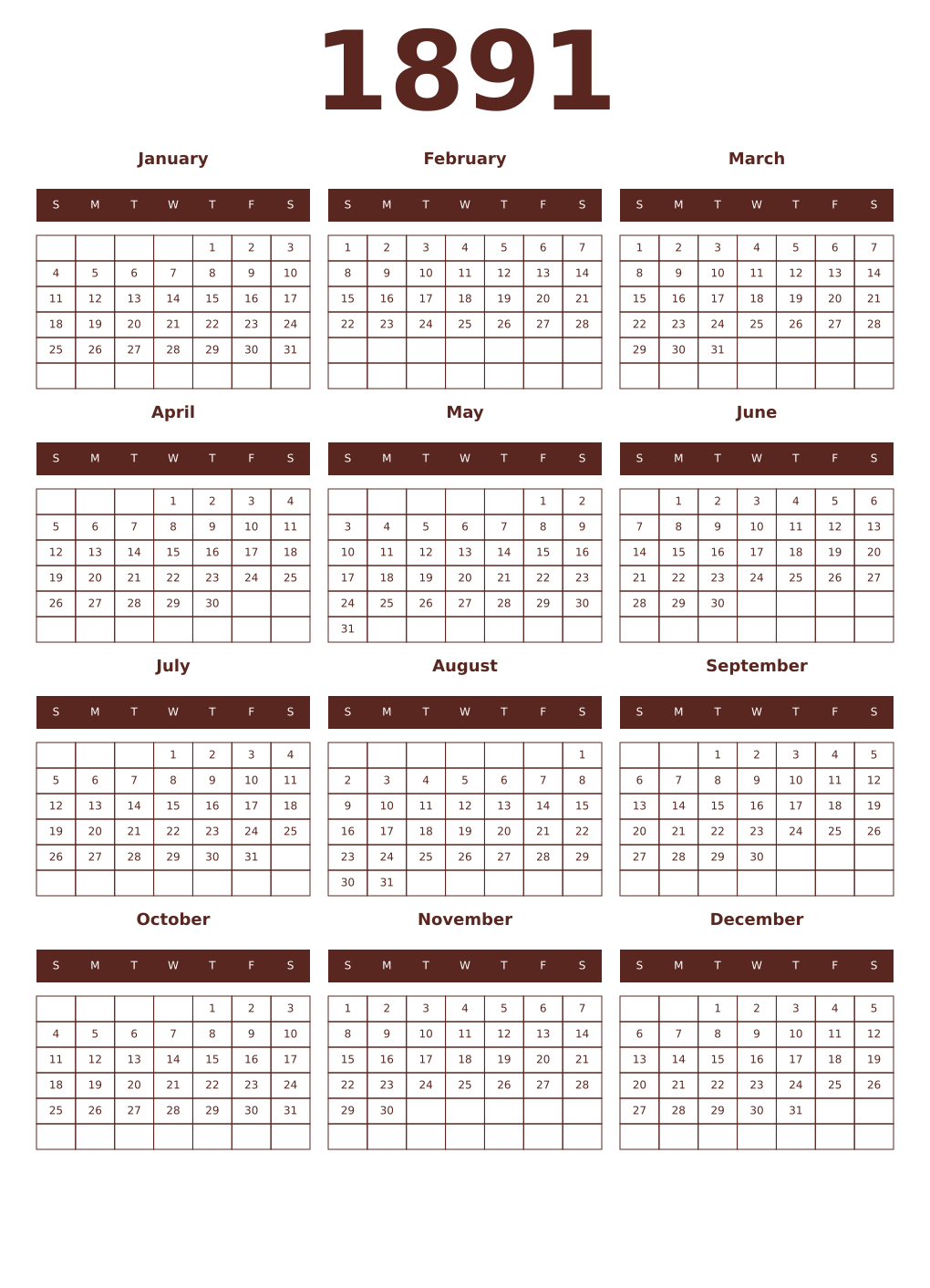 Printable 1891 Year Calendars mortuum