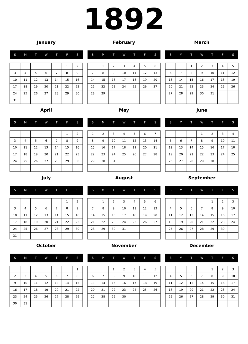 Printable 1892 Calendars