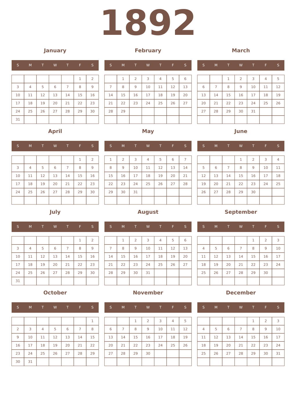 Printable 1892 Year Calendars coffe