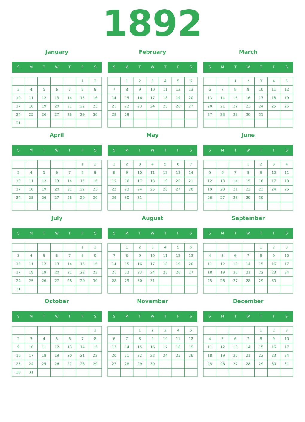 Printable 1892 Year Calendars green