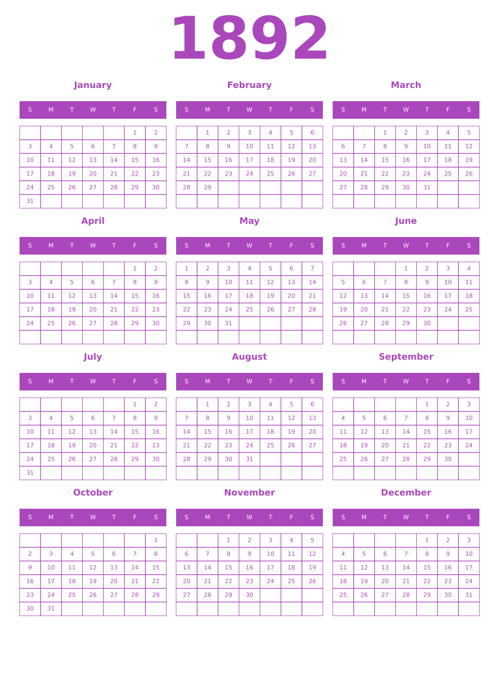 Printable 1892 Year Calendars purple