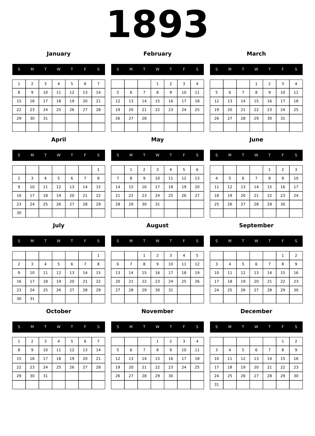 Printable 1893 Calendars
