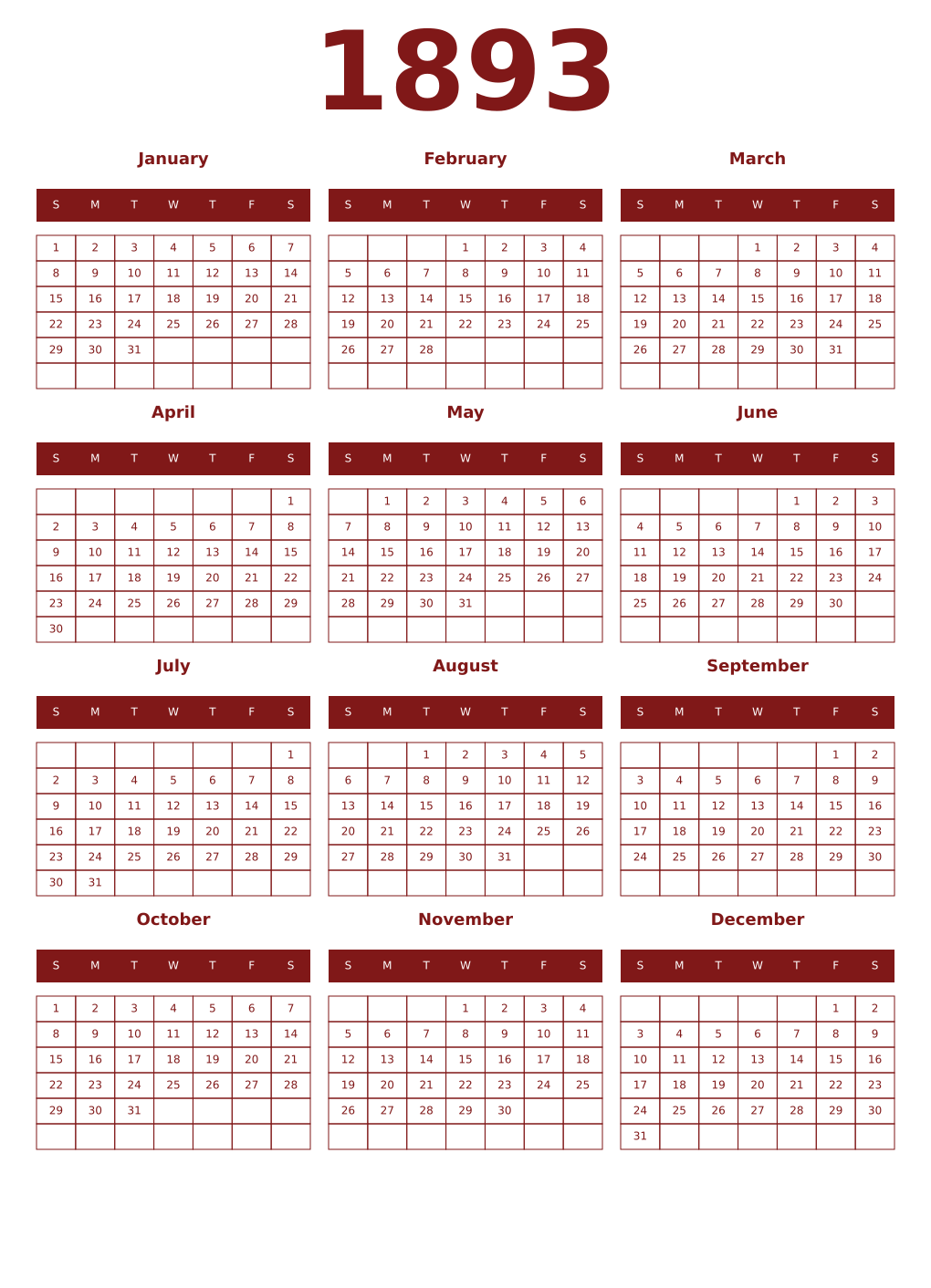 Printable 1893 Year Calendars falu