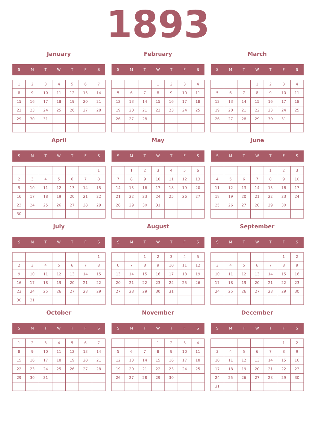 Printable 1893 Year Calendars puce