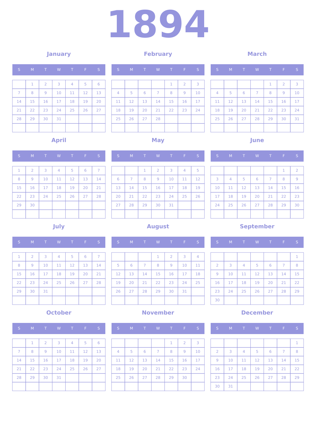 Printable 1894 Year Calendars periwinkle