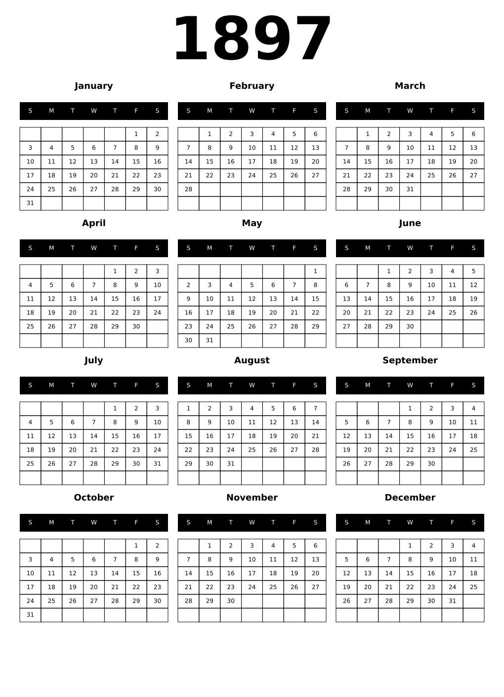 Printable 1897 Calendars