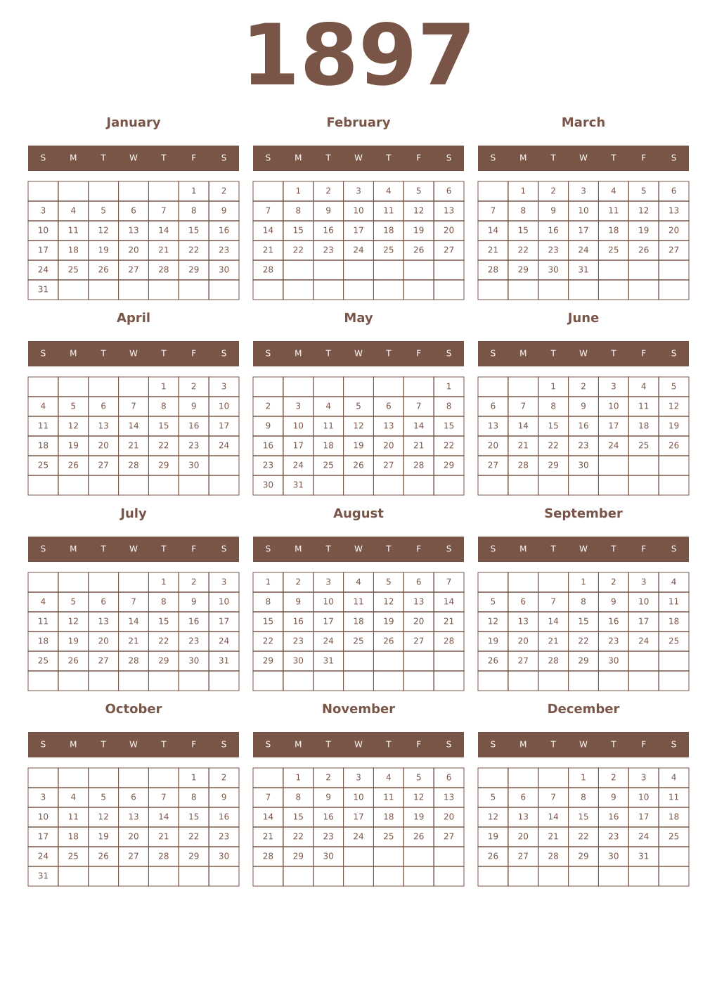 Printable 1897 Year Calendars coffe