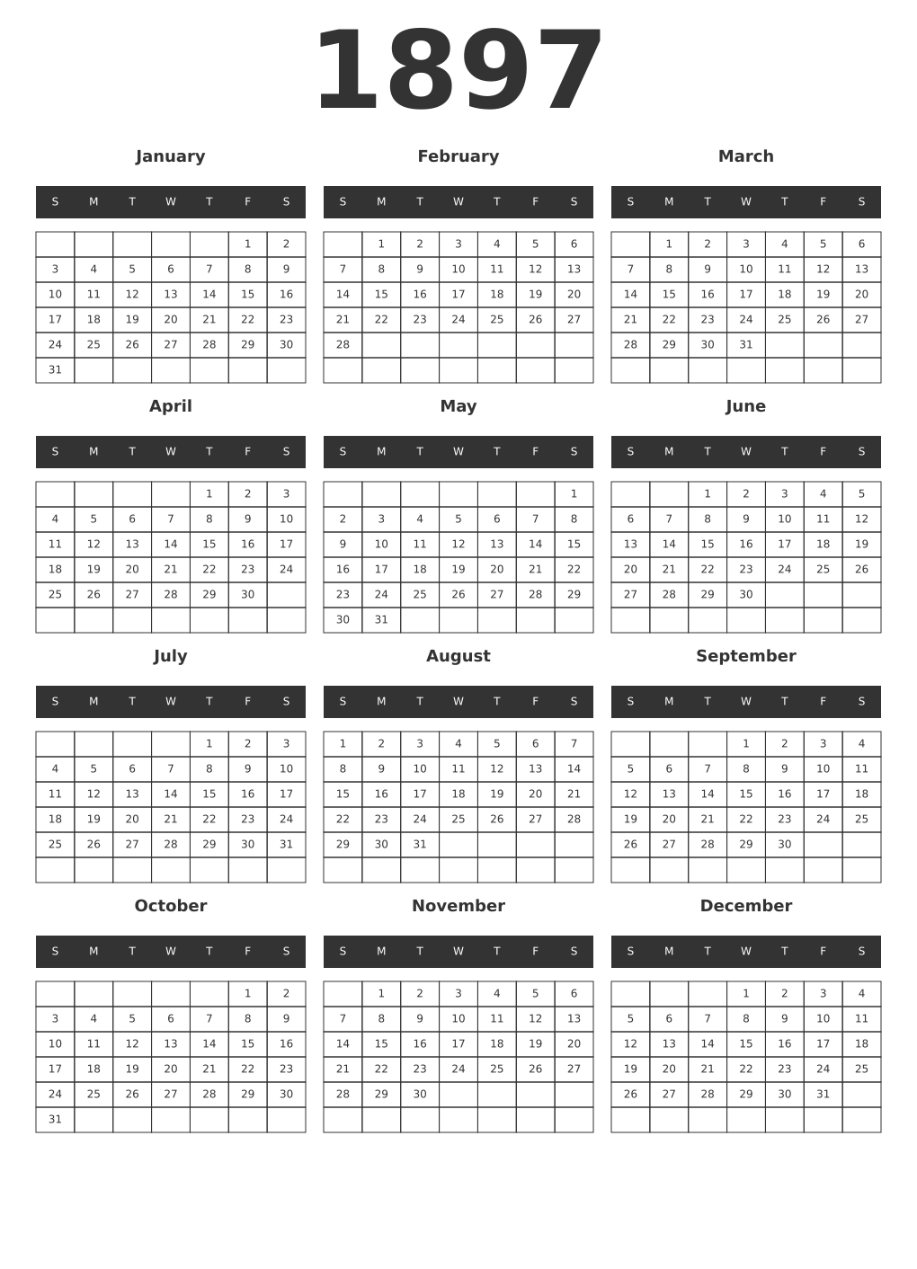Printable 1897 Year Calendars dark