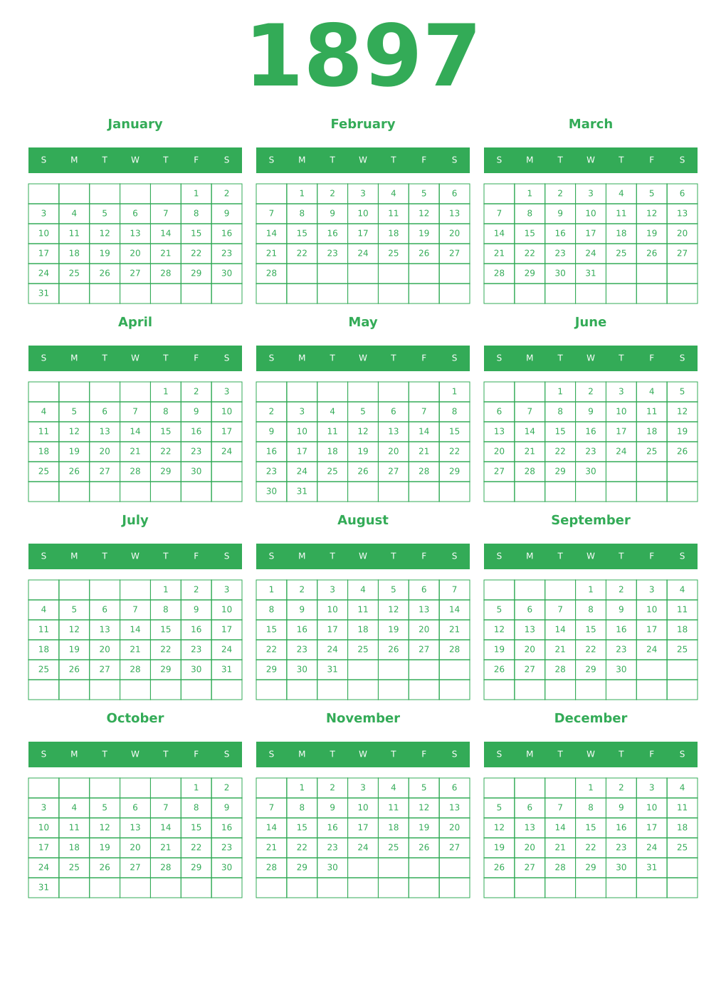 Printable 1897 Year Calendars green