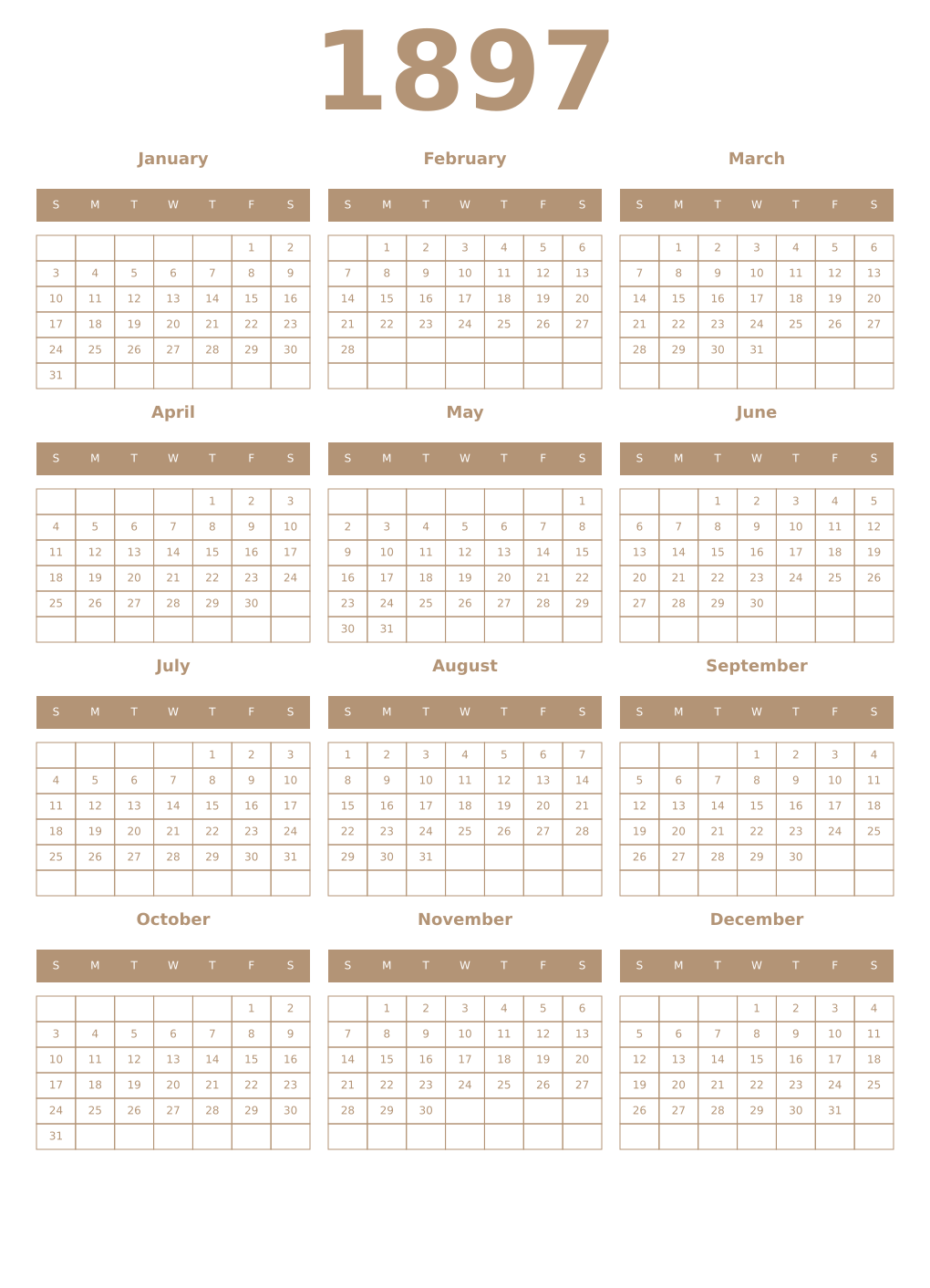 Printable 1897 Year Calendars isabelline