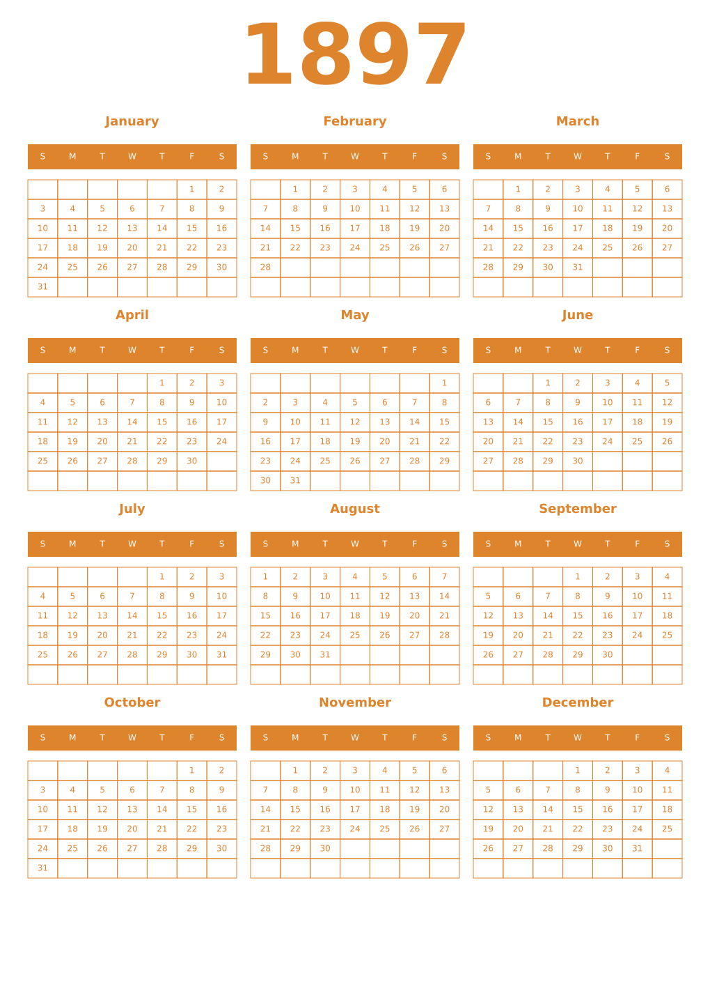 Printable 1897 Year Calendars orange