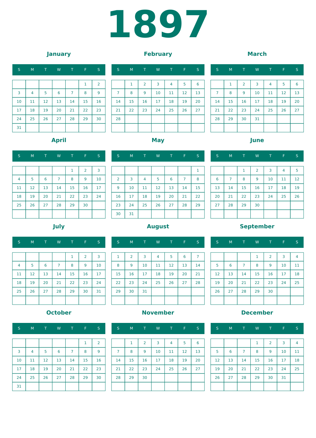Printable 1897 Year Calendars pastel