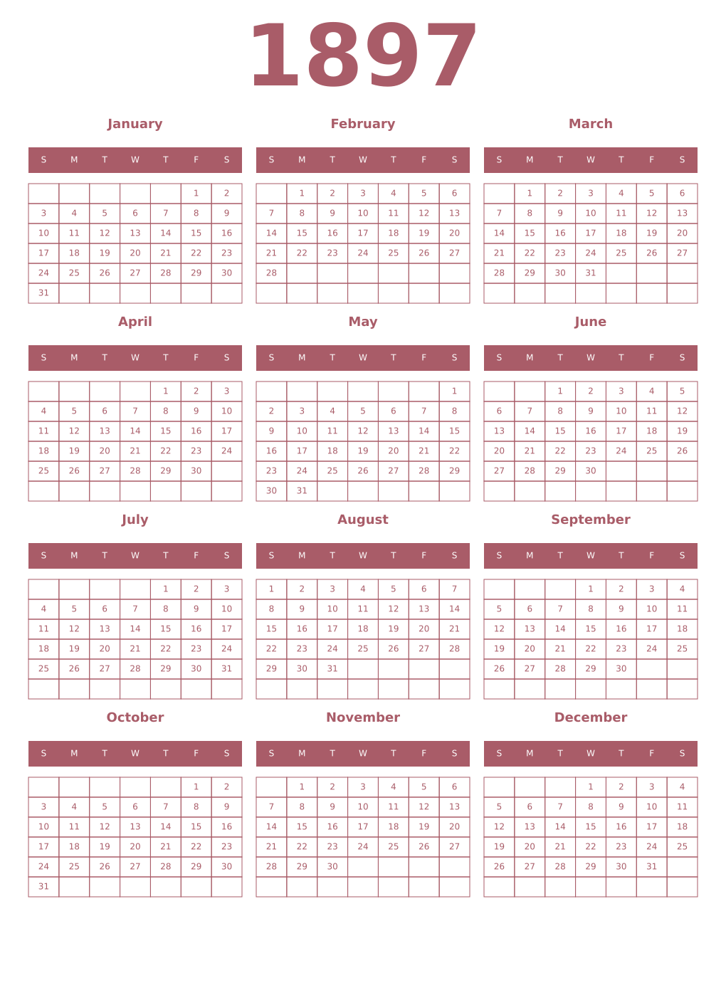 Printable 1897 Year Calendars puce