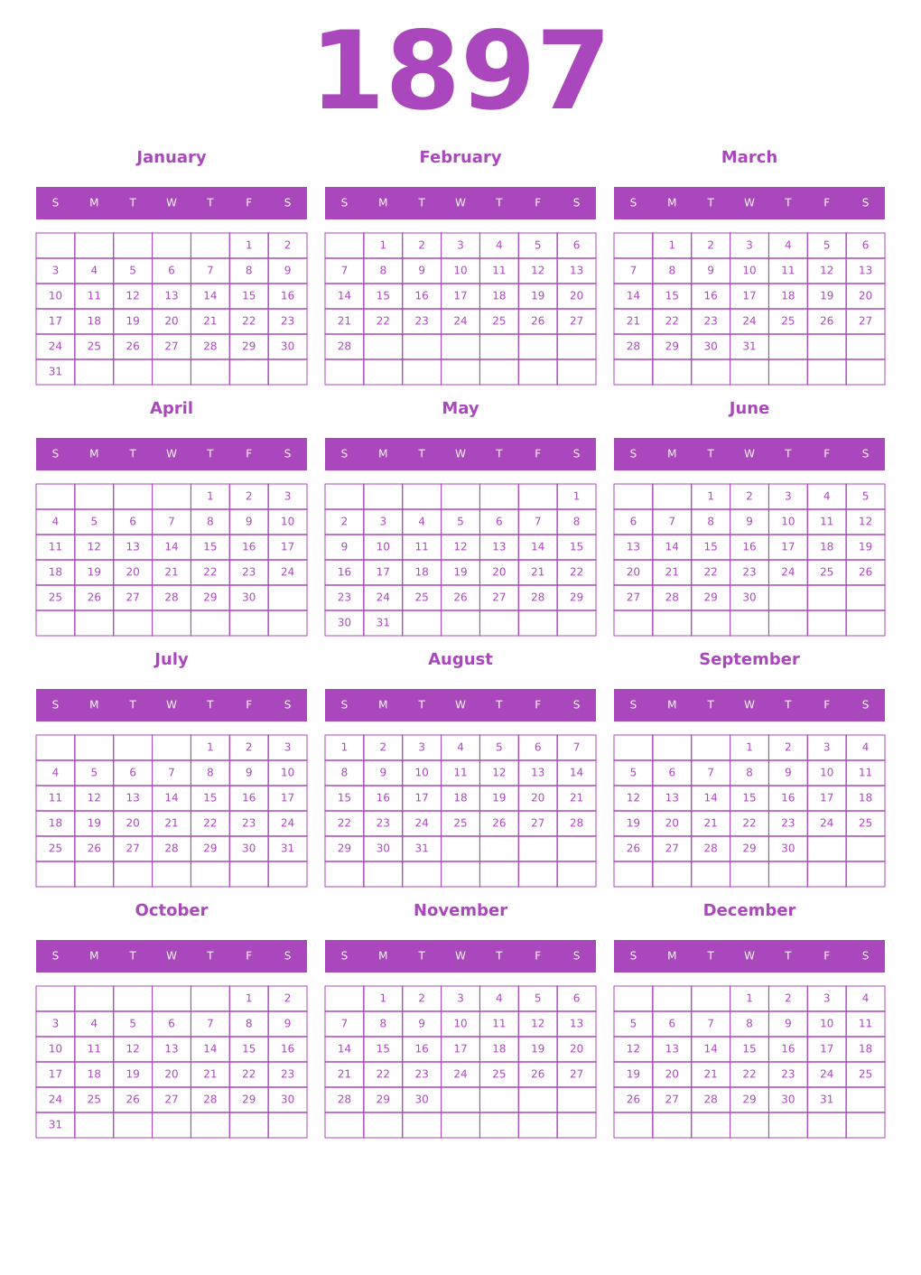 Printable 1897 Year Calendars purple