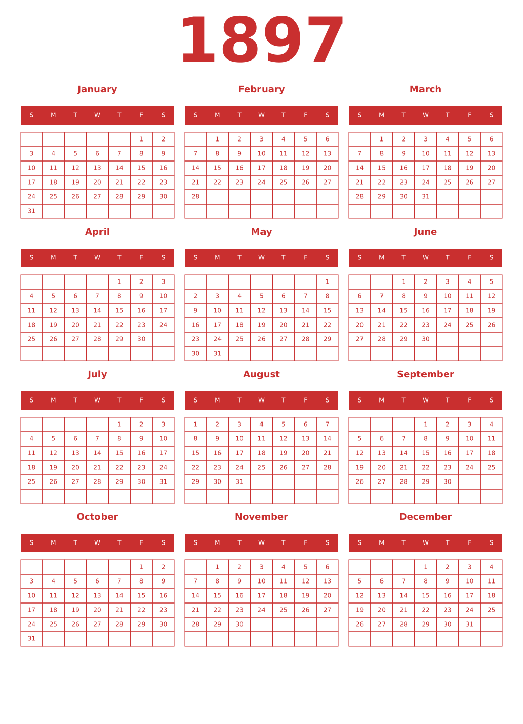Printable 1897 Year Calendars red