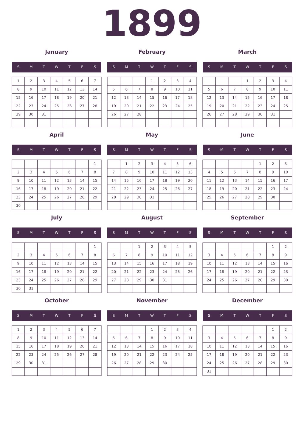 Printable 1899 Year Calendars aubergine