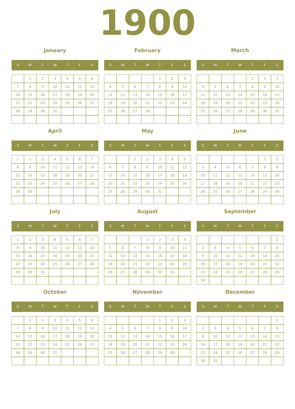 Printable 1900 Year Calendars eburnean