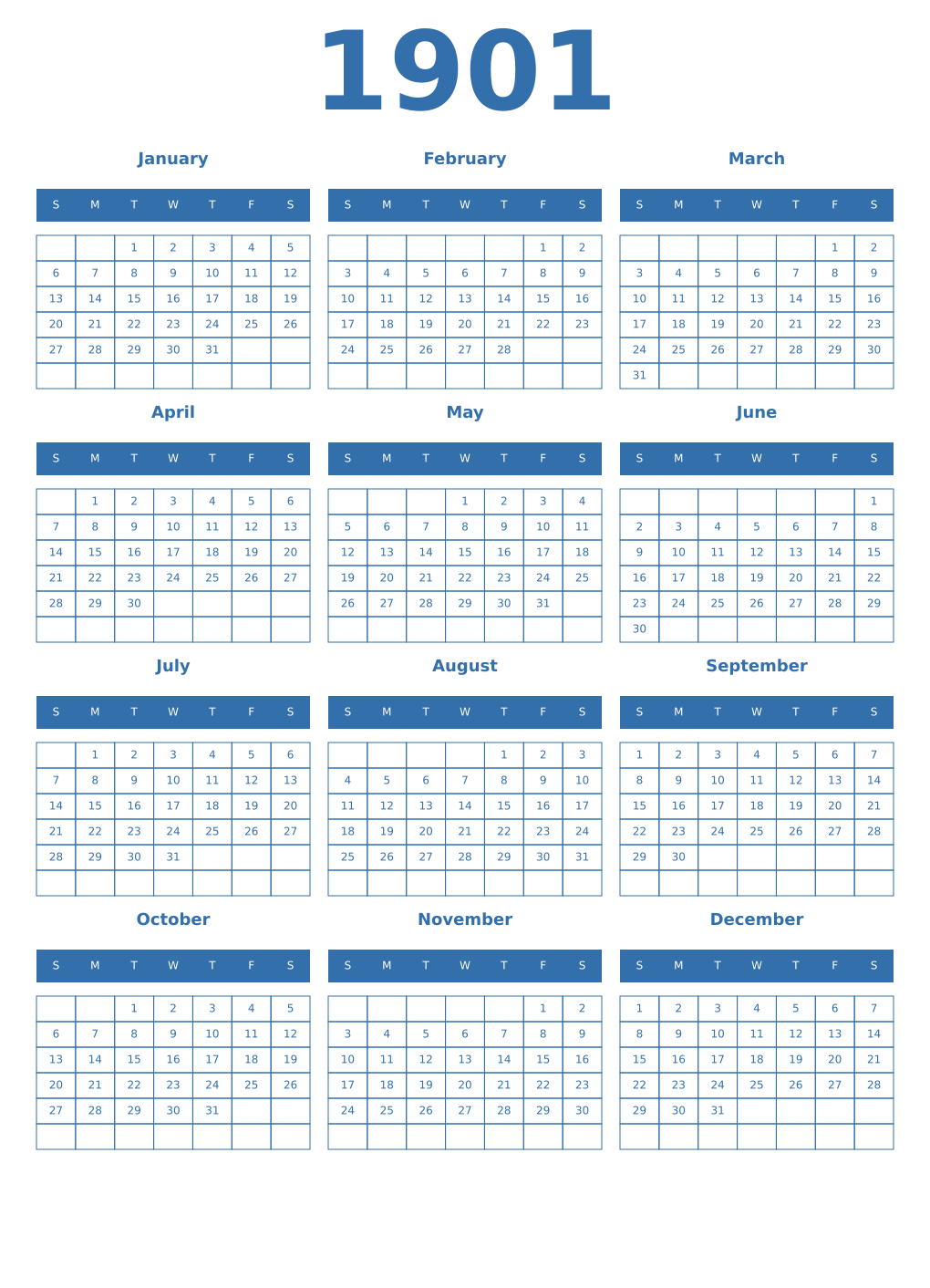 Printable 1901 Year Calendars blue