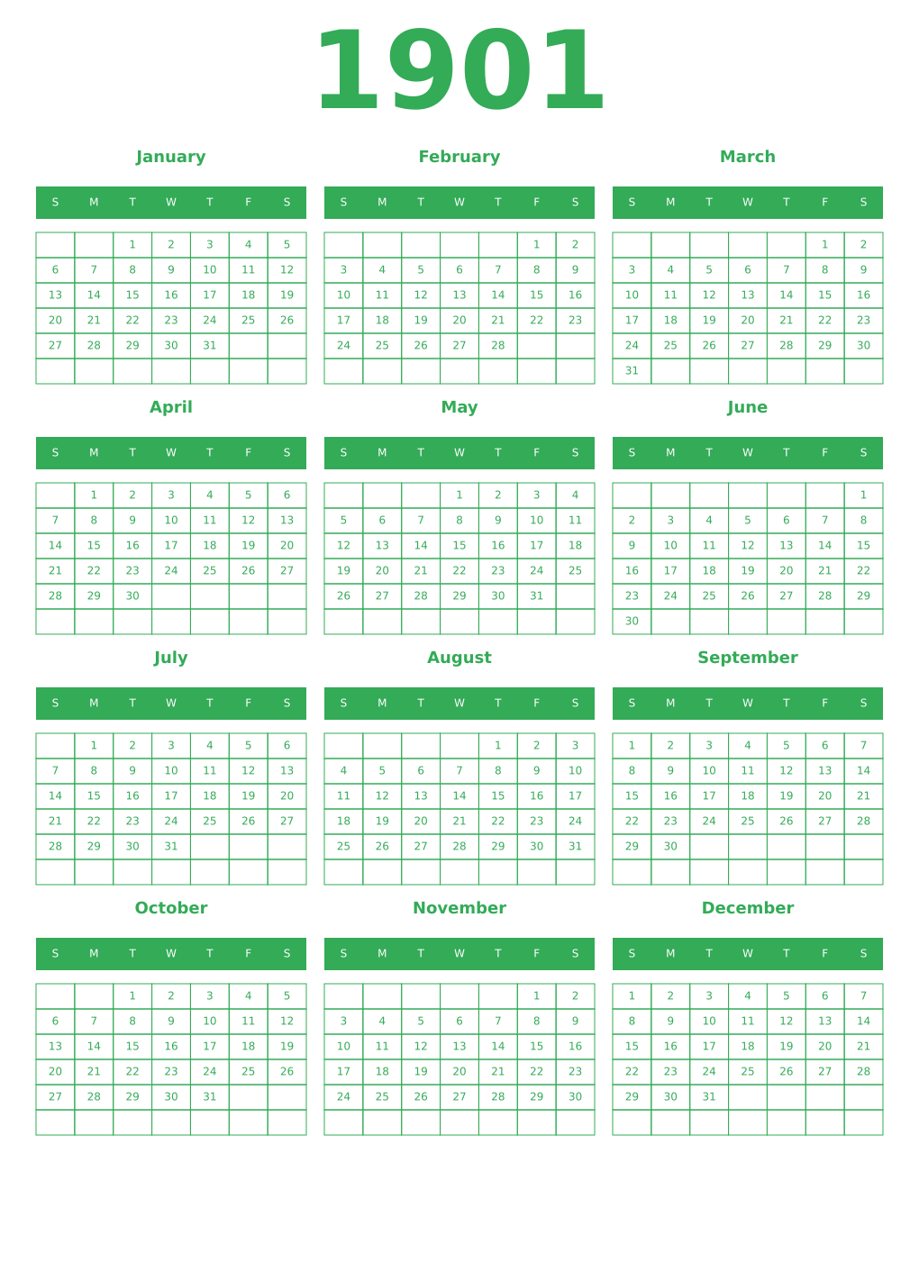 Printable 1901 Year Calendars green