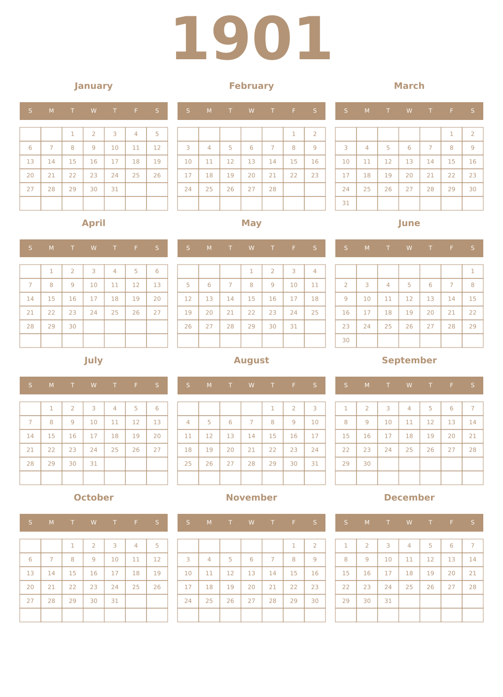 Printable 1901 Year Calendars isabelline