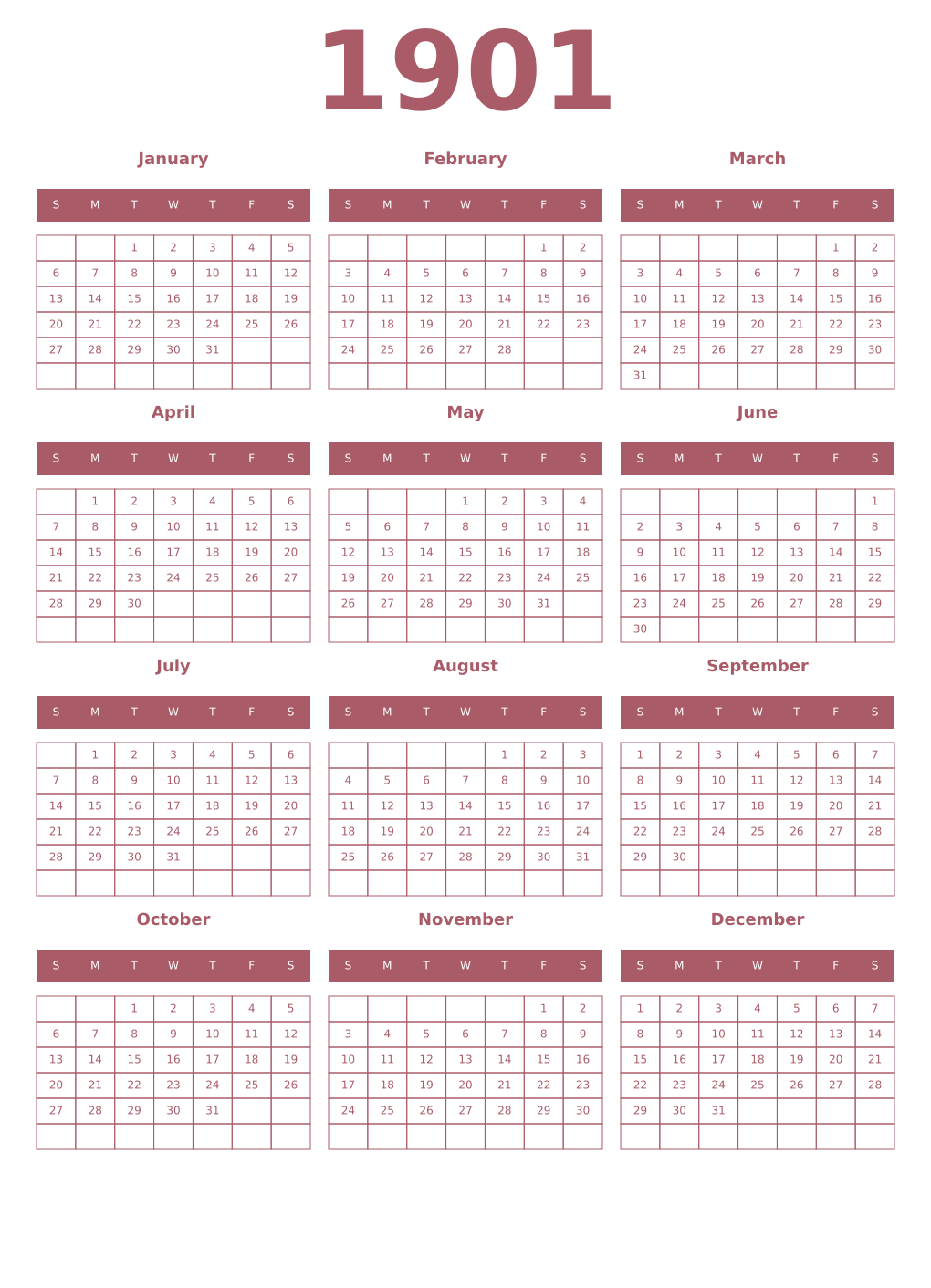 Printable 1901 Year Calendars puce