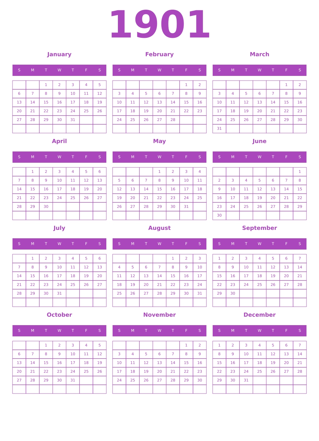 Printable 1901 Year Calendars purple