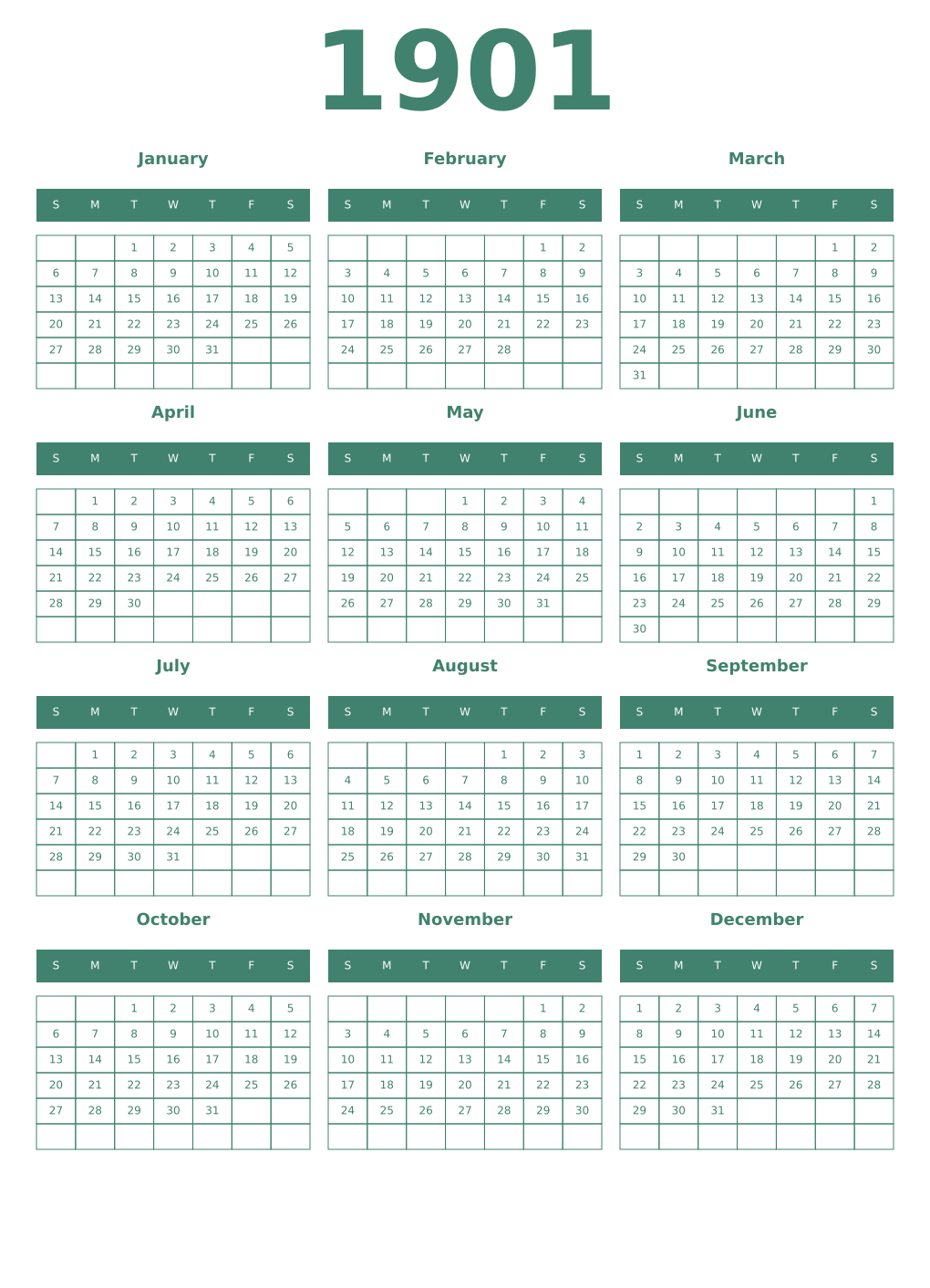 Printable 1901 Year Calendars viridian
