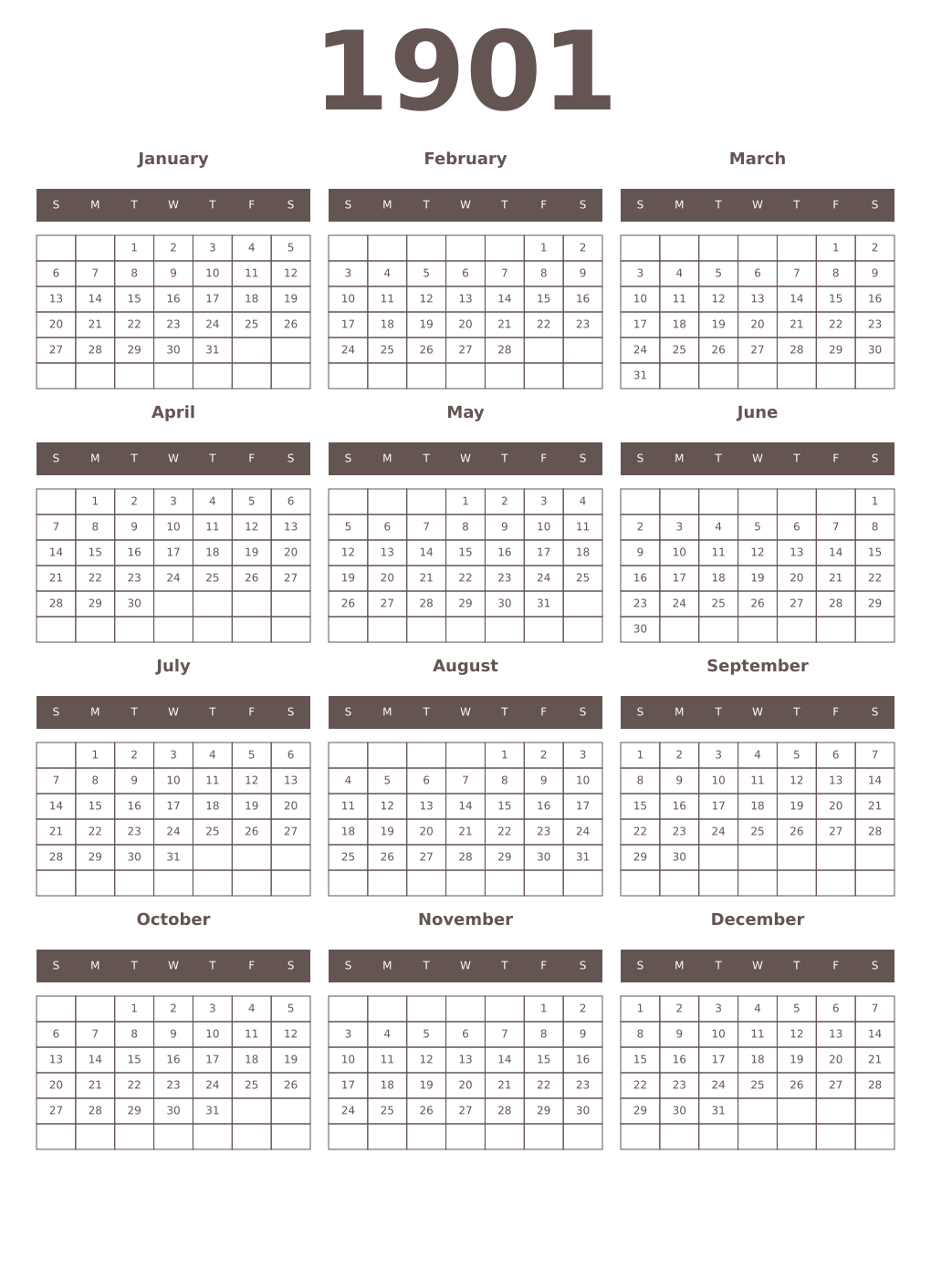 Printable 1901 Year Calendars wenge