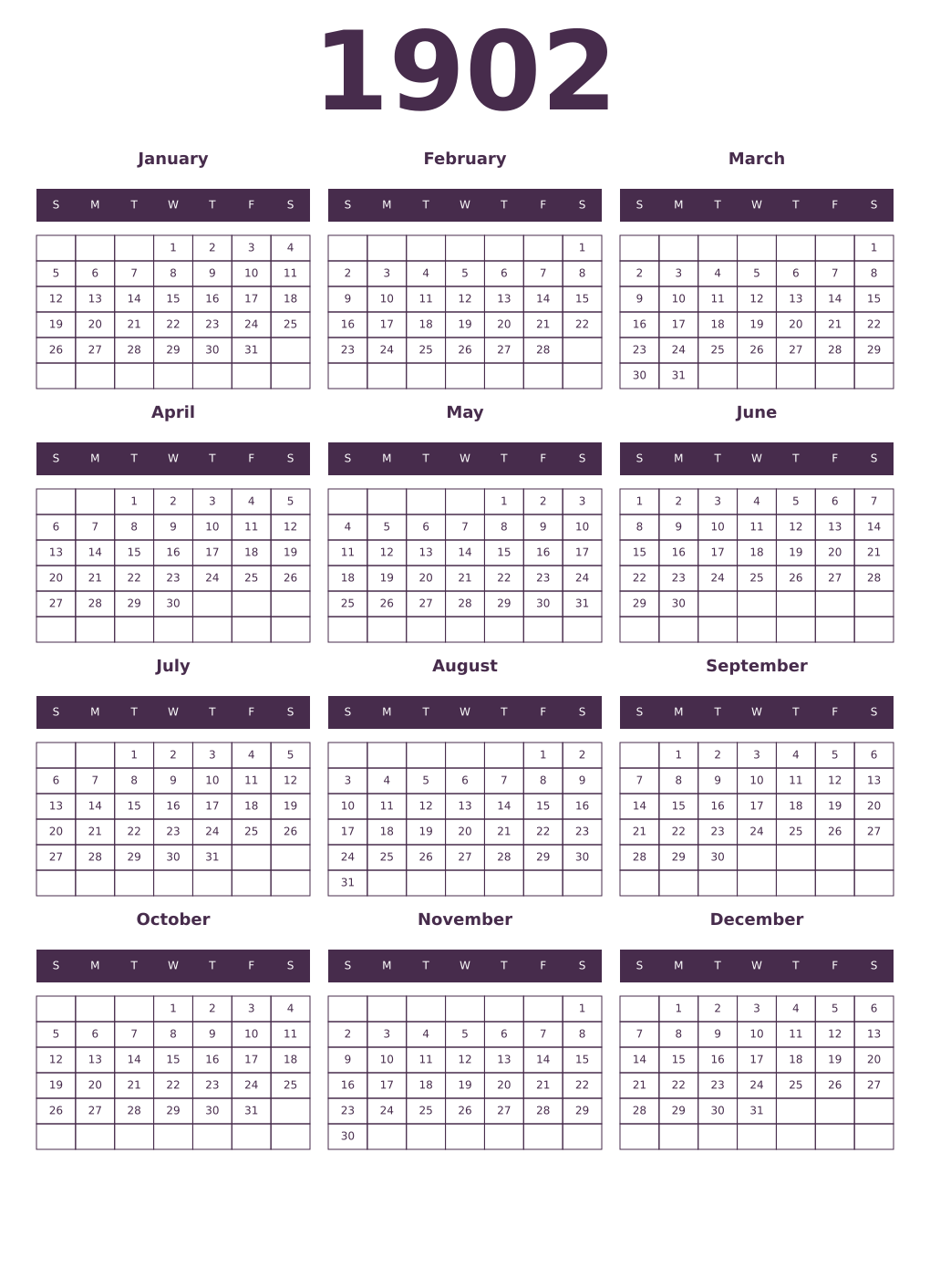 Printable 1902 Year Calendars aubergine