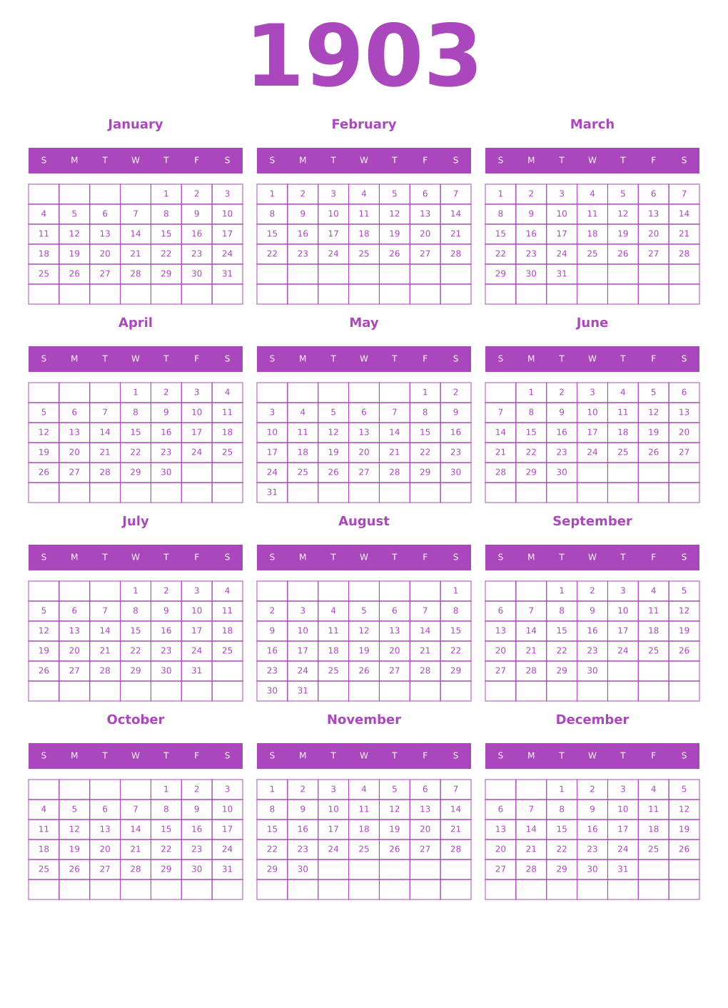 Printable 1903 Year Calendars purple