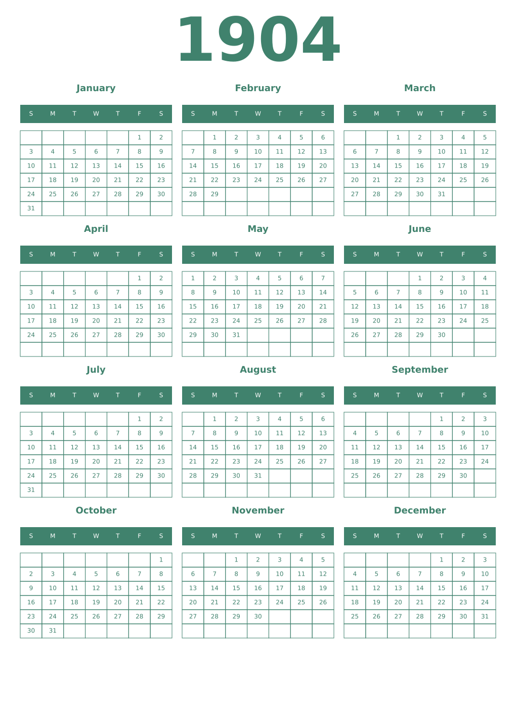 Printable 1904 Year Calendars viridian