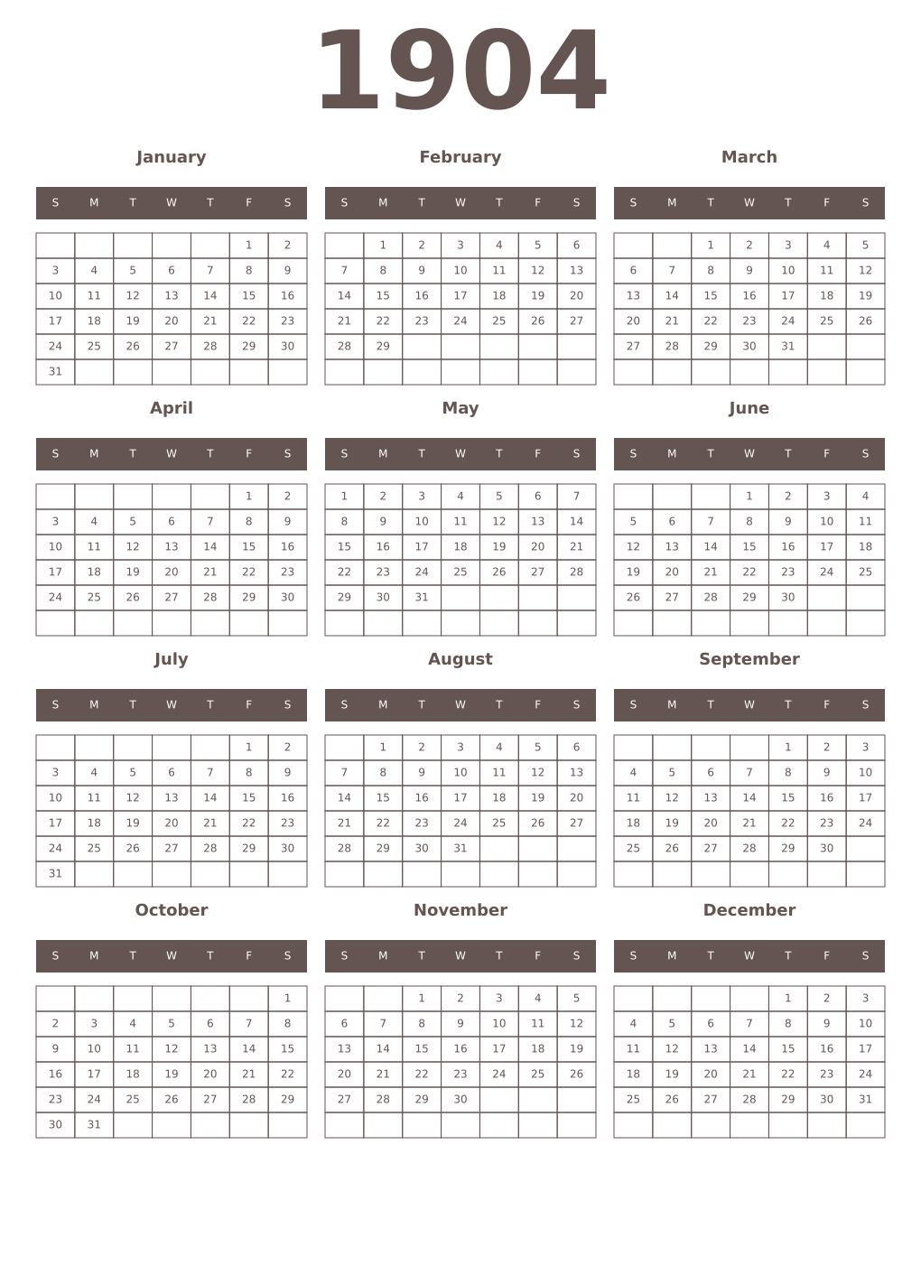 Printable 1904 Year Calendars wenge