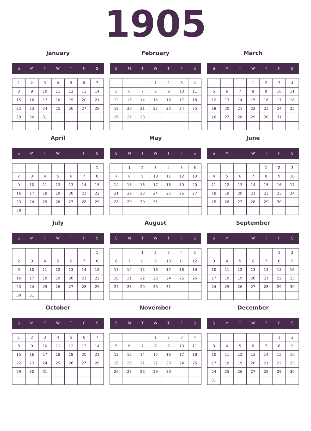 Printable 1905 Year Calendars aubergine