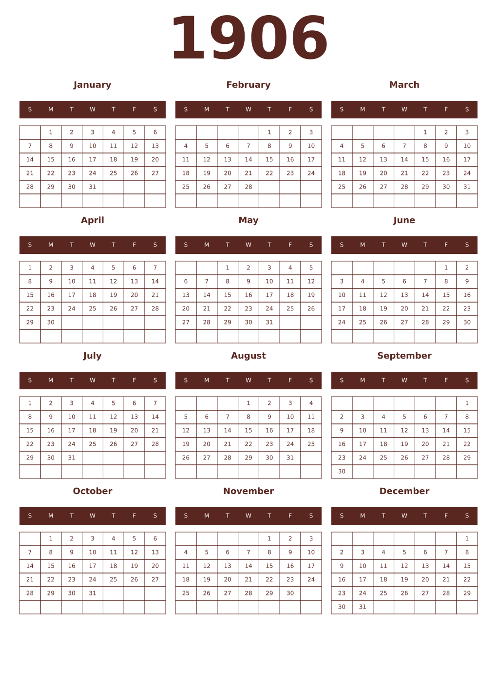 Printable 1906 Year Calendars mortuum