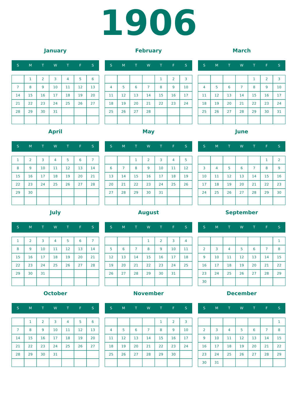 Printable 1906 Year Calendars pastel