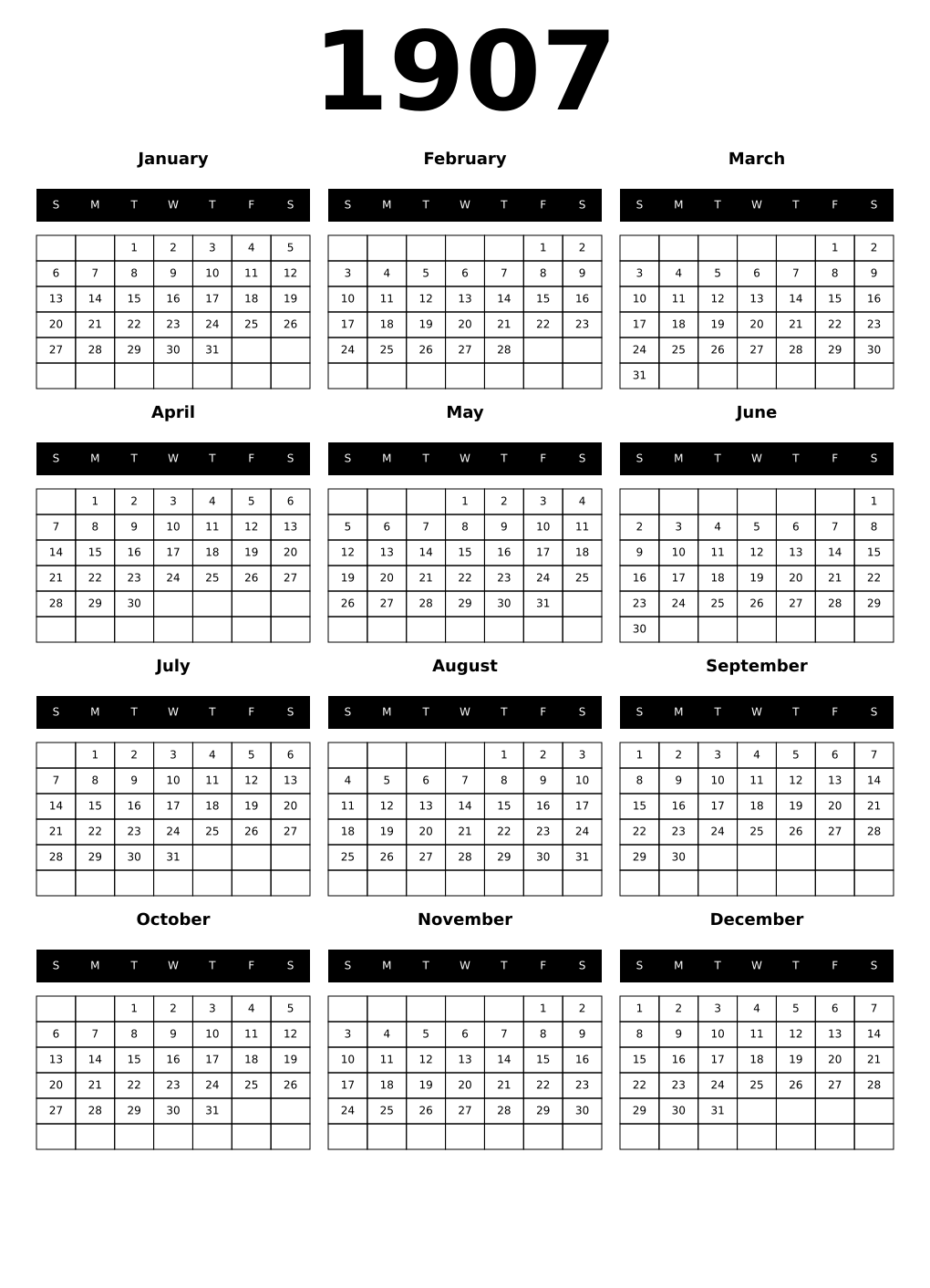 Printable 1907 Calendars