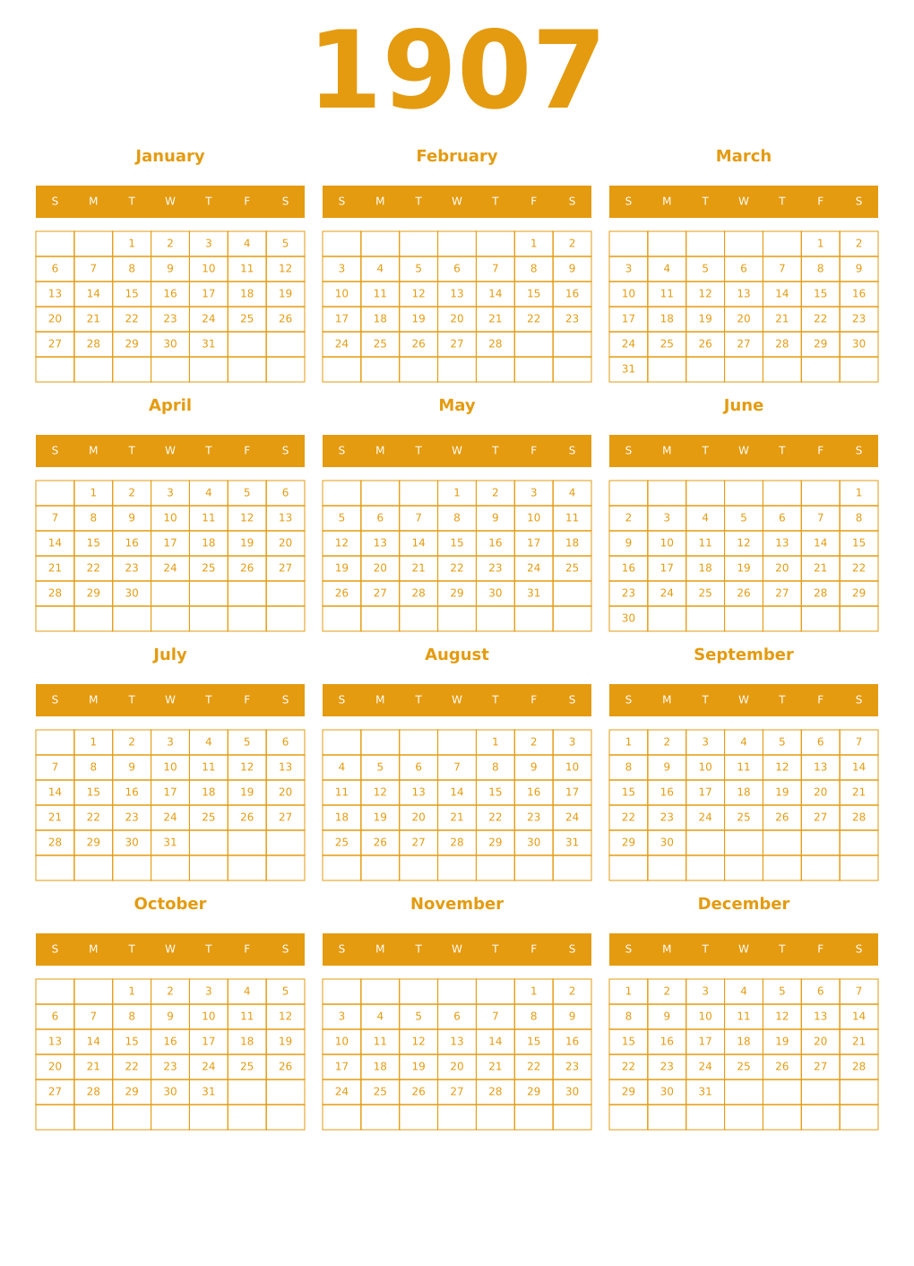 Printable 1907 Year Calendars gamboge