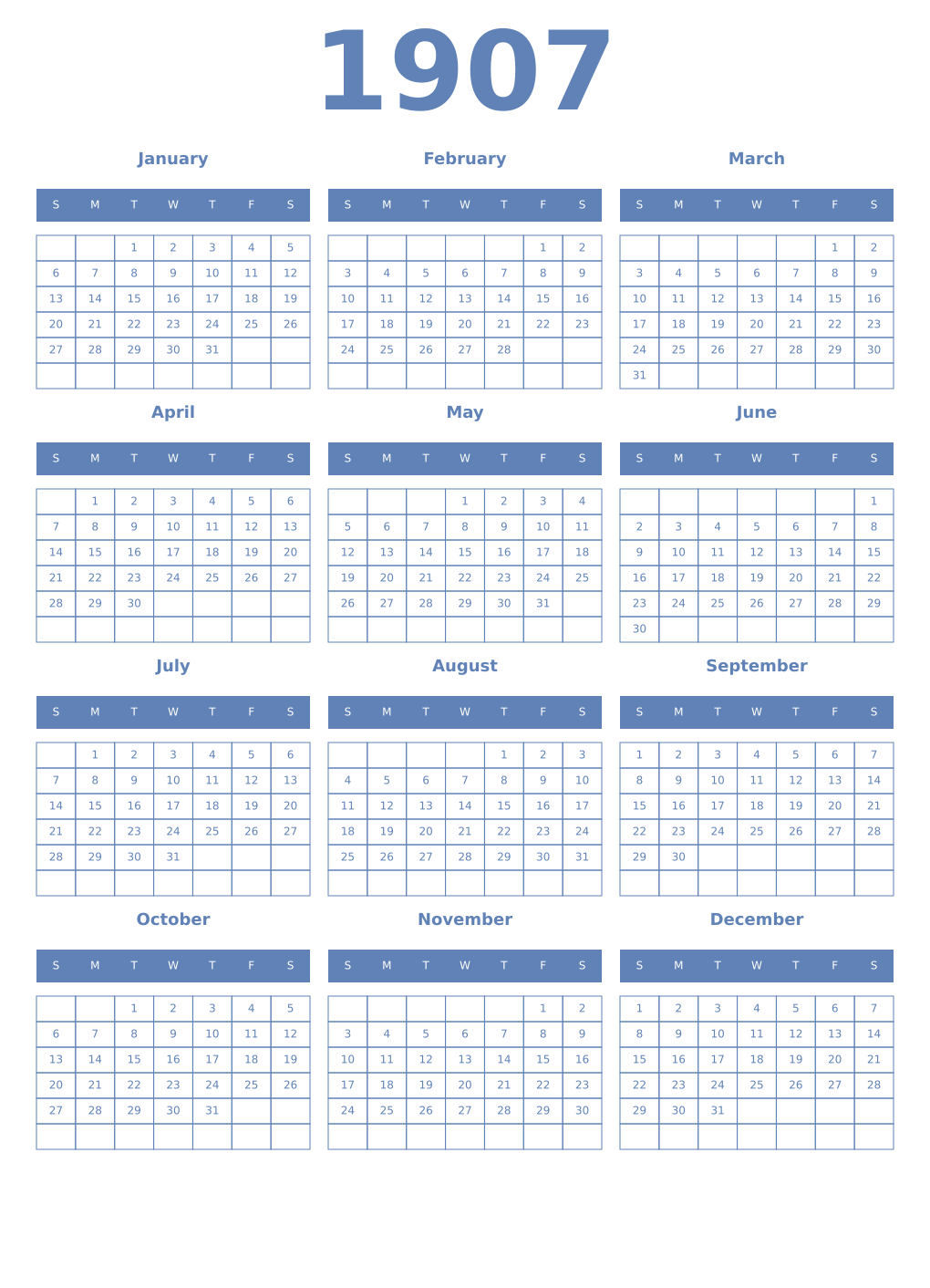 Printable 1907 Year Calendars glaucous