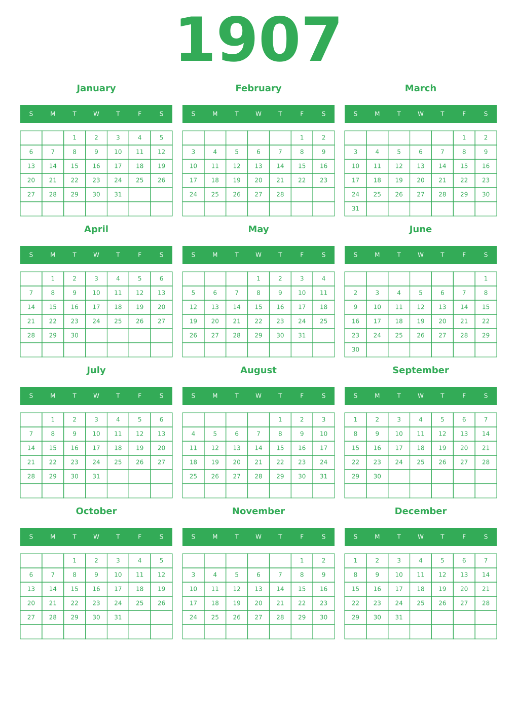 Printable 1907 Year Calendars green